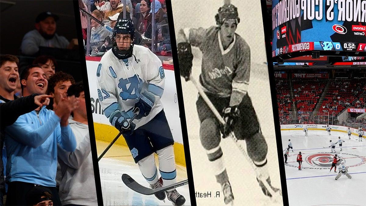 A collage of four images side by side highlighting the exciting moments of hockey.